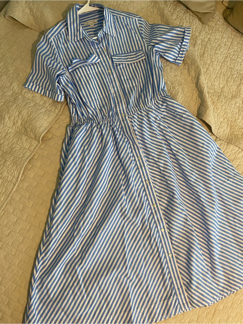 Blue and White Striped Maxi Shirt Dress with Elastic Waist